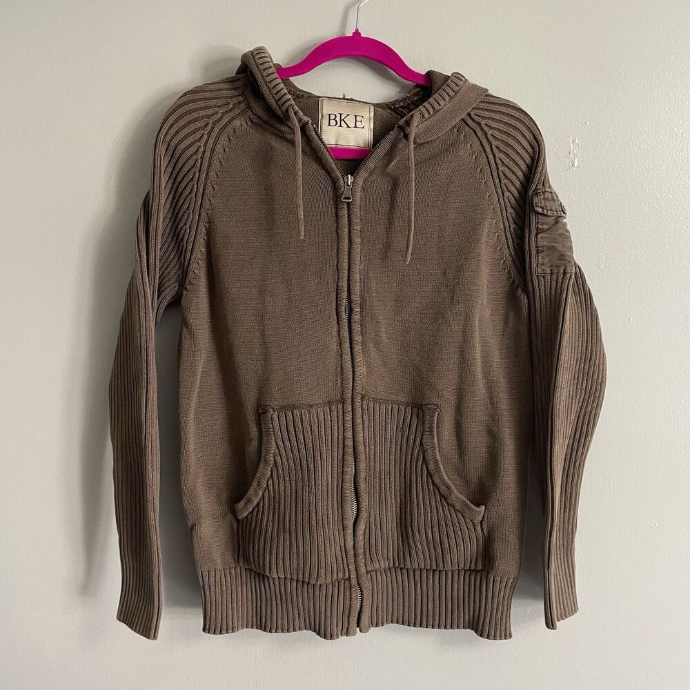 Men’s BKE Hooded Sweater Full Zip With Hood Size Medium Brown